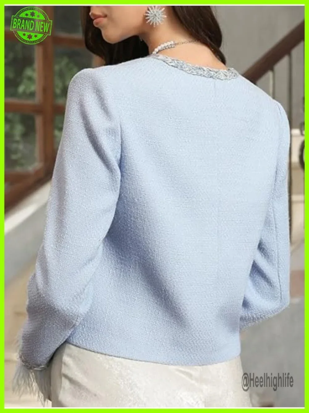 Collarless Tweed Cropped Blazer with Pockets Feather Trim Long Sleeve Dressy